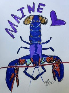 A large lobster with the word Maine and a heart symbol over it