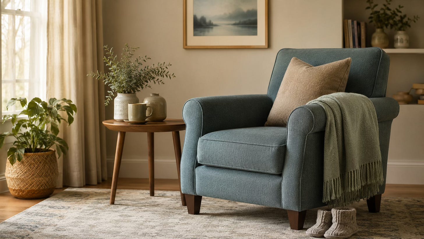 A comfortable private home setting with a chair, sage blanket, mug, and soft socks, suggesting emotional support from home.