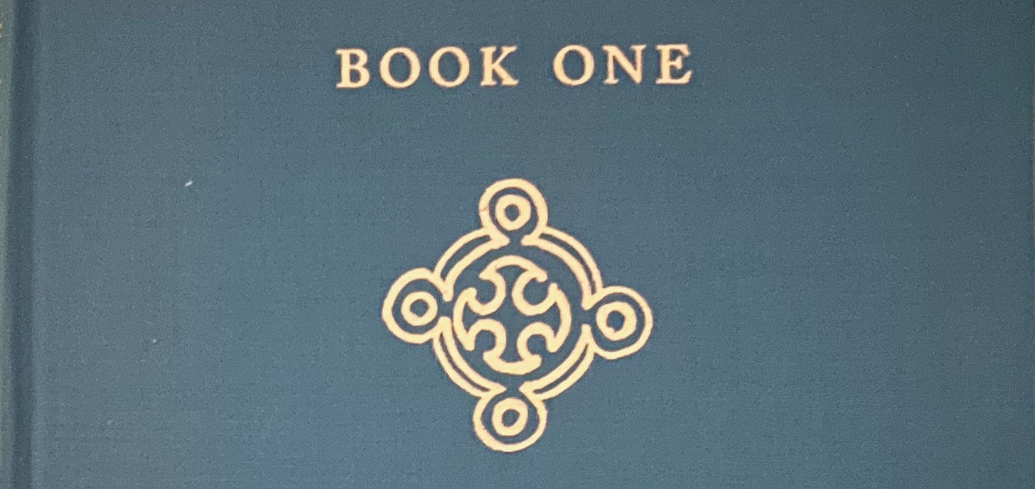 The teal cloth cover of The Nature of Order, Book One, stamped in gold with the title and a circular ornament.