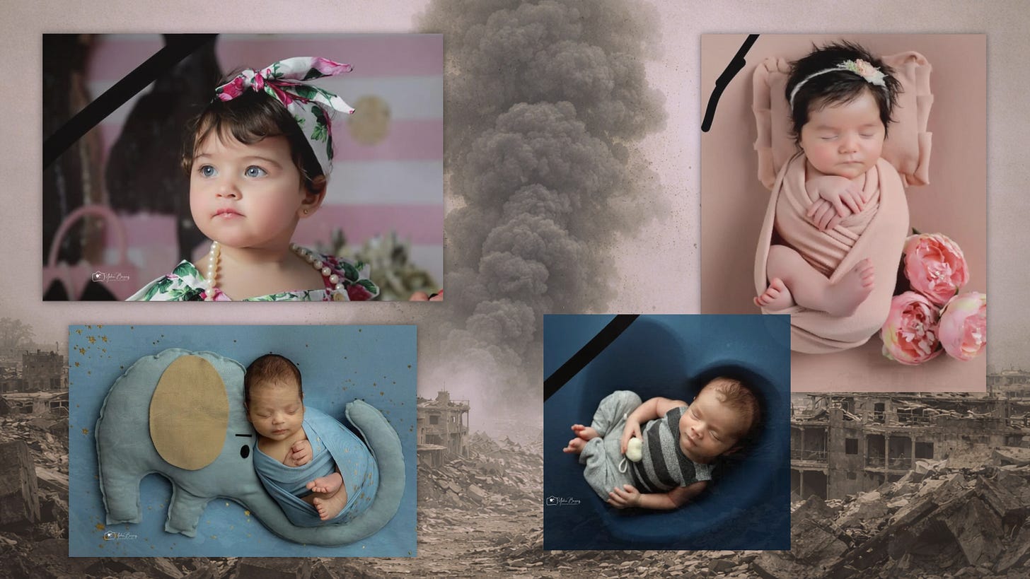 Randa Ibrahim Abu Shaaban, Lya Radi, George As-Souli, and Adam Dahdouh — children Israel vaporized with U.S.-supplied bombs; photographs courtesy of Yahia Barzaq.