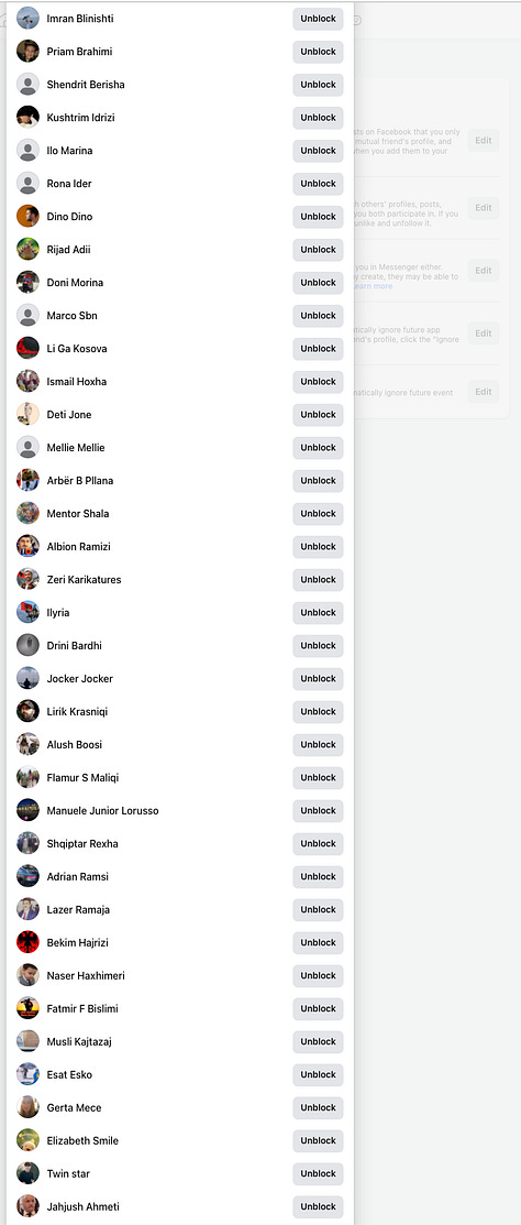 9 out of 17 Screenshots of the Facebook Block List