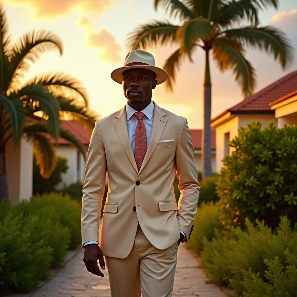 Elegant black Property inspector, dressed in a crisp, pastel-hued suit, inspecting a lush Jamaican property