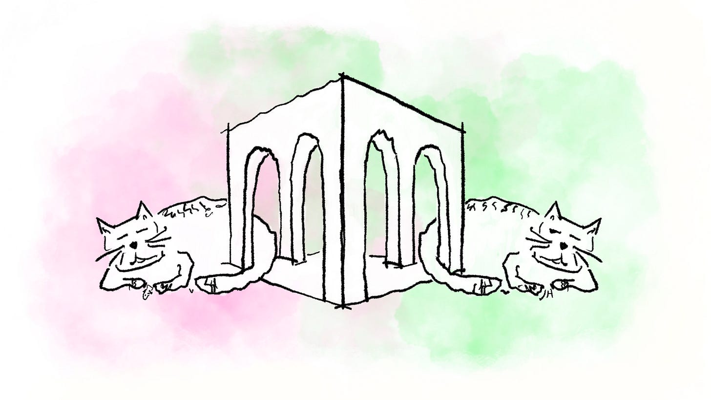 Illustration of two cats with their tails intertwined into a a structure that is an optical illusion