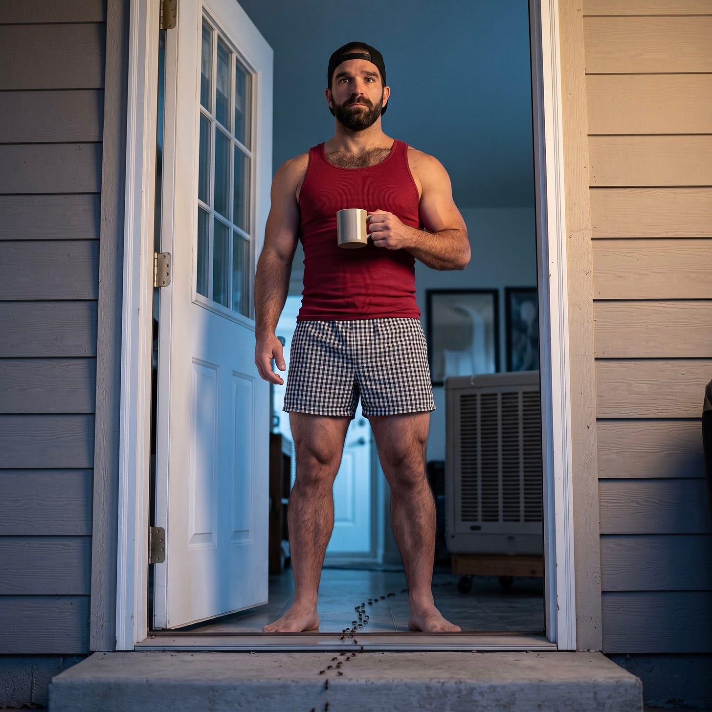 Mitch stands in his doorway wearing boxers, a red tank top, and a backwards black cap, holding a mug of coffee while a line of ants marches across his threshold. Mitch stands in his doorway wearing boxers, a red tank top, and a backwards black cap, holding a mug of coffee while a line of ants marches across his threshold.