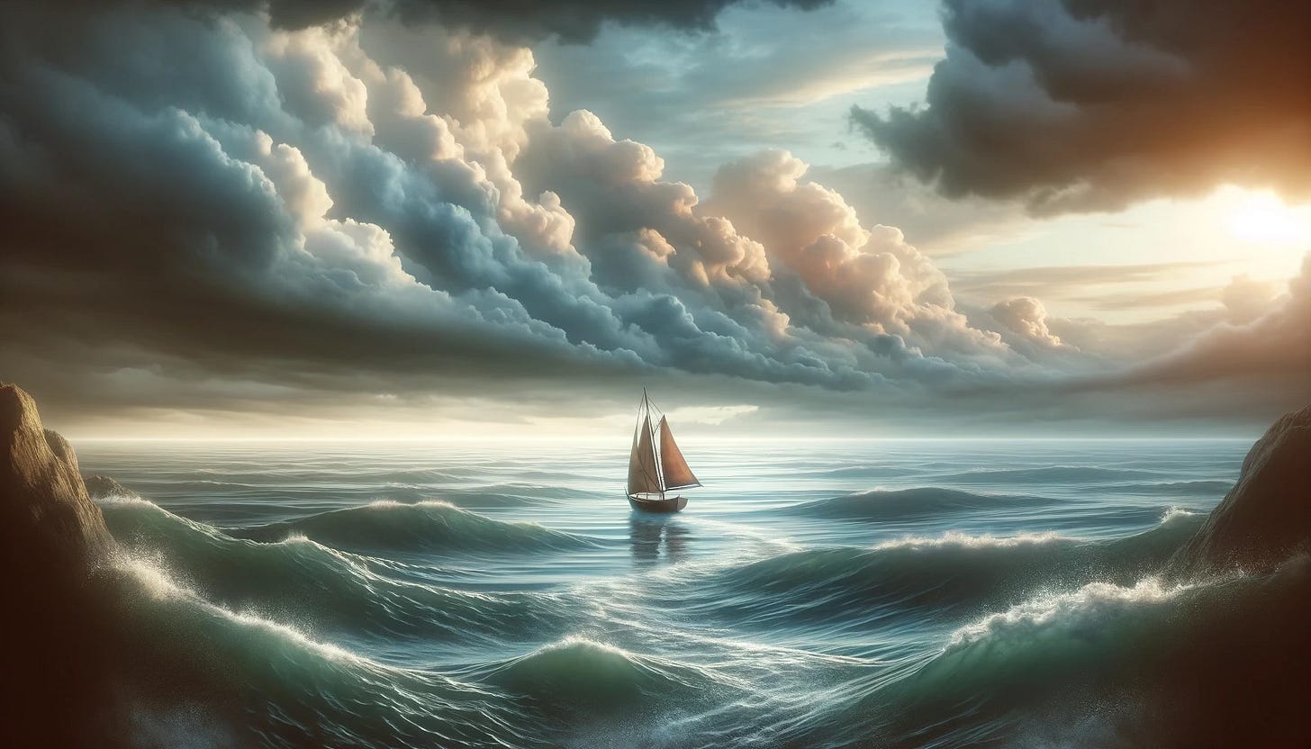 Silent Strength: Sailing the Rough Waters of Criticism for Introverts". This image depicts a solitary sailboat navigating through a mix of calm and turbulent waters, symbolising the introvert's journey in handling criticism. The partly cloudy sky reflects the blend of uncertainty and hope, while the small but sturdy sailboat illustrates strength and determination. The overall atmosphere conveys a sense of peaceful resilience amidst challenges.