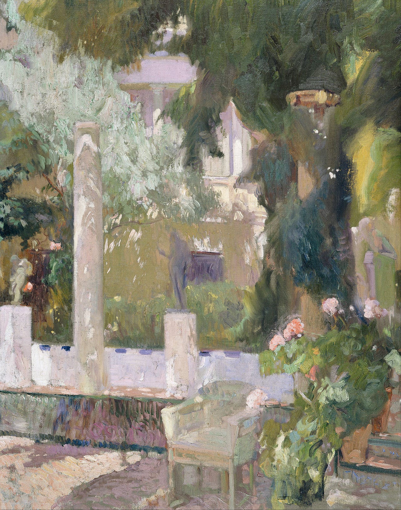 Sunlight flooding tiled fountains and flowerbeds Sunlight flooding tiled fountains and flowerbeds