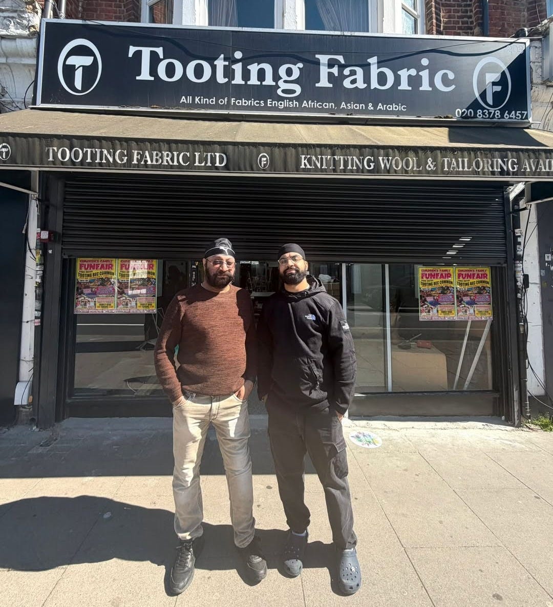 May be an image of text that says "Tooting Fabric All Kind of Fabrics English African Asian & AIKindolfabitsnisSiflic.in & Arabic f 020 8378 83786457 6457 TOOTING TOOTINGFABRICLTI FABRIC LTD F KNITTING WOOL & TAILORING AAI 通"