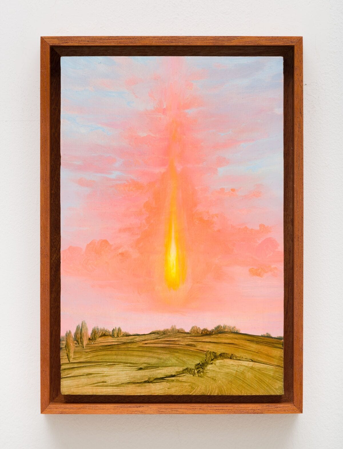 This image depicts an artwork by Angela Lane titled "Burning Sky." This artwork was created in 2025 and measures Framed 10" x 7" [HxW] (25.4 x 17.78 cm) 9" x 6" [HxW] (22.86 x 15.24 cm). Its medium is Oil on birch plywood.