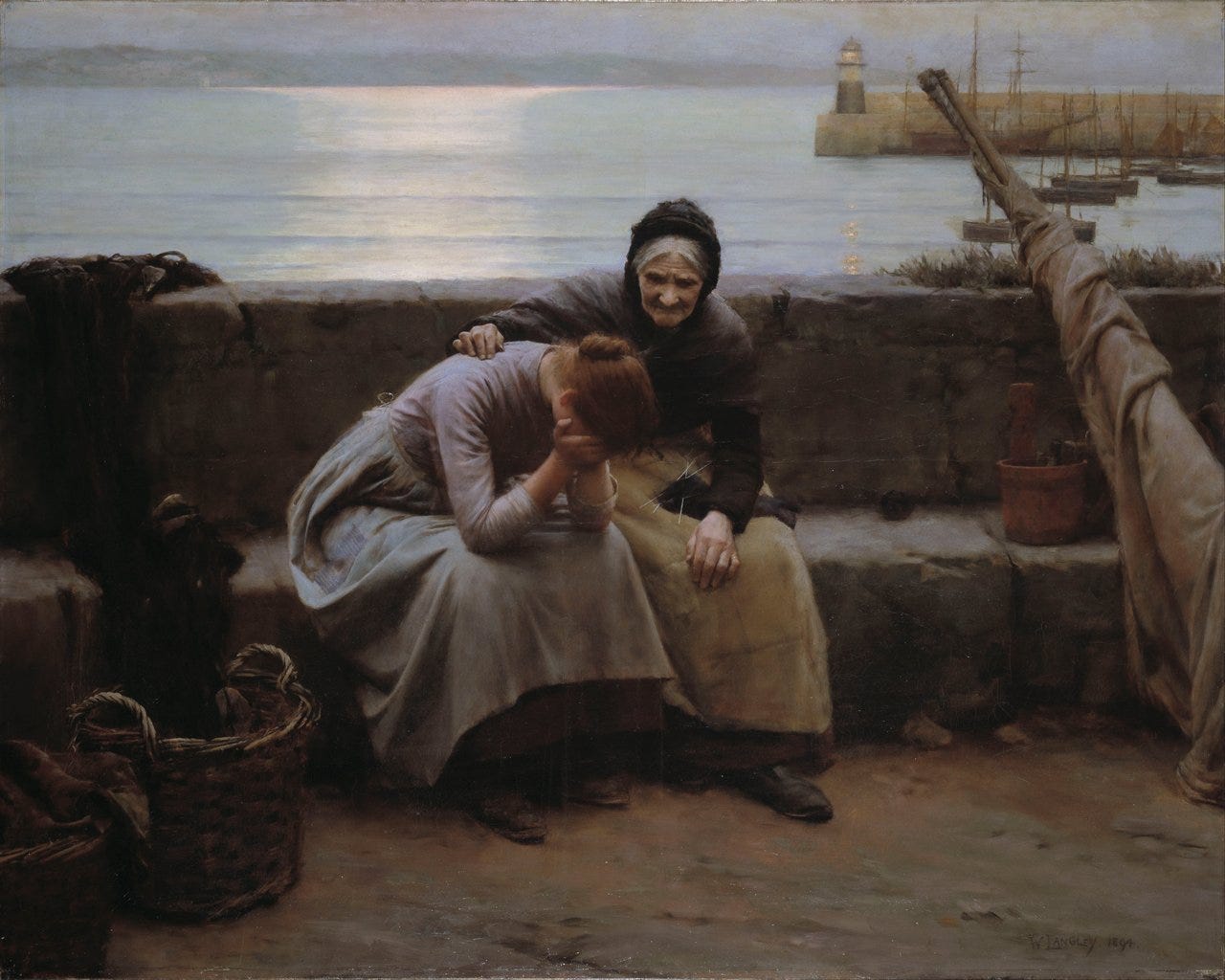 Two women grieving on a Newlyn harbour wall, painted by Walter Langley Two women grieving on a Newlyn harbour wall, painted by Walter Langley