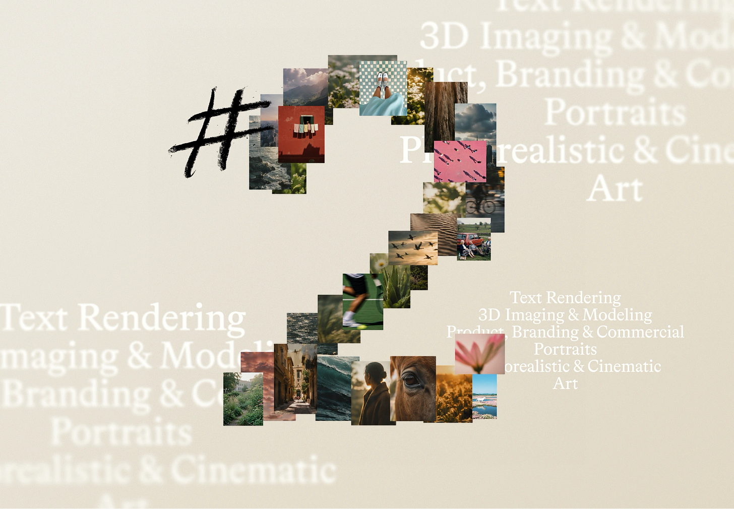 A large number 2 with a hashtag, filled with small photos of nature, animals, and people, overlaid on faded text about rendering, imaging, modeling, and art.