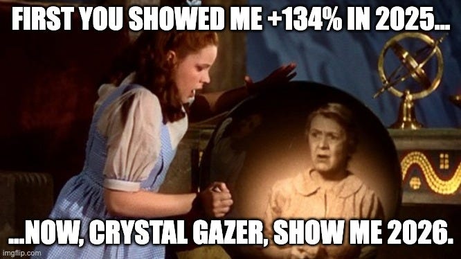 Wizard of Oz crystal gazer meme about Beating the Tide top stock pick for 2026 after a +134% 2025 stock pick return, introducing Micron (MU) investment thesis deep dive