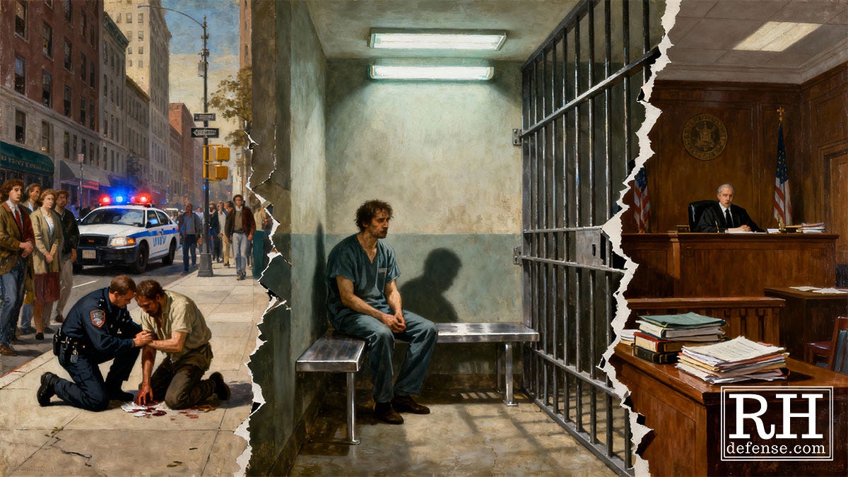 A split-scene illustration showing the progression from sidewalk to jail to courtroom. On the left, a police officer kneels beside a distressed, injured man on a busy city street while bystanders watch. In the center, the same man now sits alone on a metal bench in a dim jail cell, under harsh fluorescent lights. On the right, a judge presides from the bench in a wood-paneled courtroom. The three scenes are separated by jagged, torn edges, symbolizing the breakdown between public compassion, incarceration, and judicial processing.