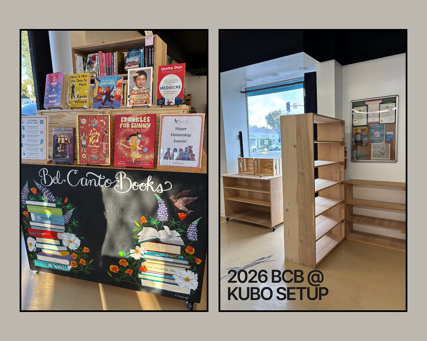 Two images side-by-side. Left image of book display. Right image of empty bookshelves.