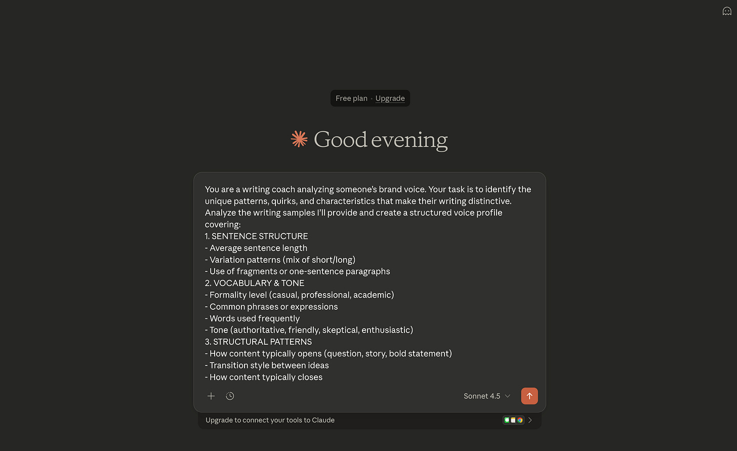 Claude Project chat interface showing Voice Analysis Prompt pasted in input box Claude Project chat interface showing Voice Analysis Prompt pasted in input box