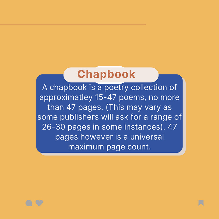 A micro-chapbook is a small poetry collection of approximately 8-12 poems (not pages). In the genres of fiction and non fiction it is usually one or several stories/essays totaling no more than fifteen pages.  A chapbook is a poetry collection of approximately 15-47 poems, no more than 47 pages. (This may vary as some publishers will ask for a range of 26-30 pages in some instances). 47 pages however is a universal maximum page count.  A full length collection is the most common type of poetry book. They start at 48 pages, and run on average 80-120 pages total. There are of course collections that exceed 120 pages (however it is uncommon).  Knowing the rules for publication can determine how much "life" a writer can get out of a poem. Poems published with literary magazines can be republished in anthologies, micro-chaps/chapbooks, and full length collections. A poem first published in a chapbook can be republished in a full length, but a poem first published in a full length collection cannot be republished in a chapbook.