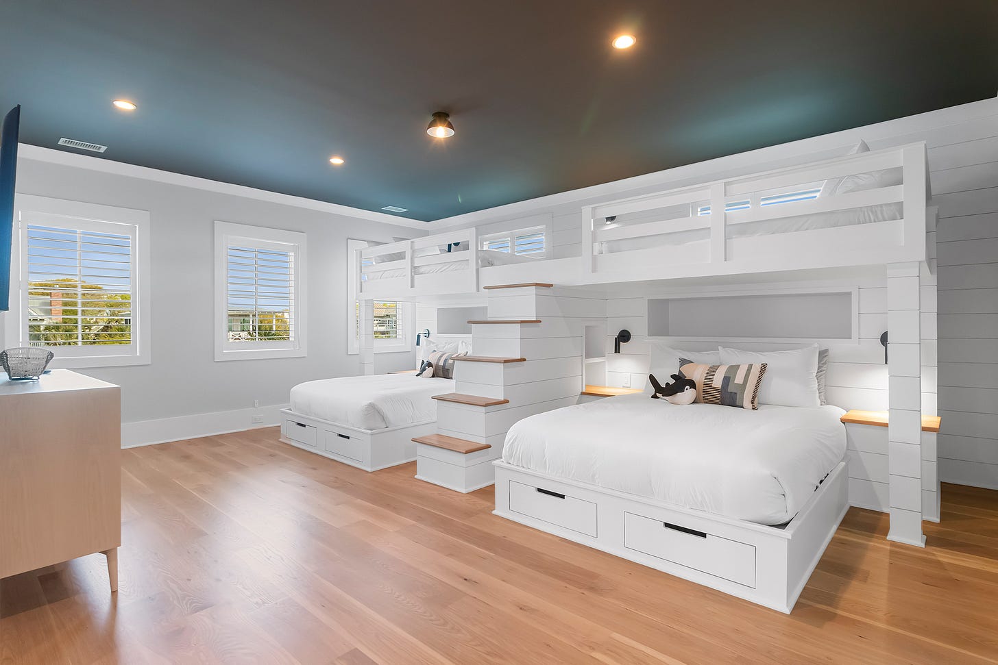 white custom build bunk bed with dark ceiling and reading lights white custom build bunk bed with dark ceiling and reading lights