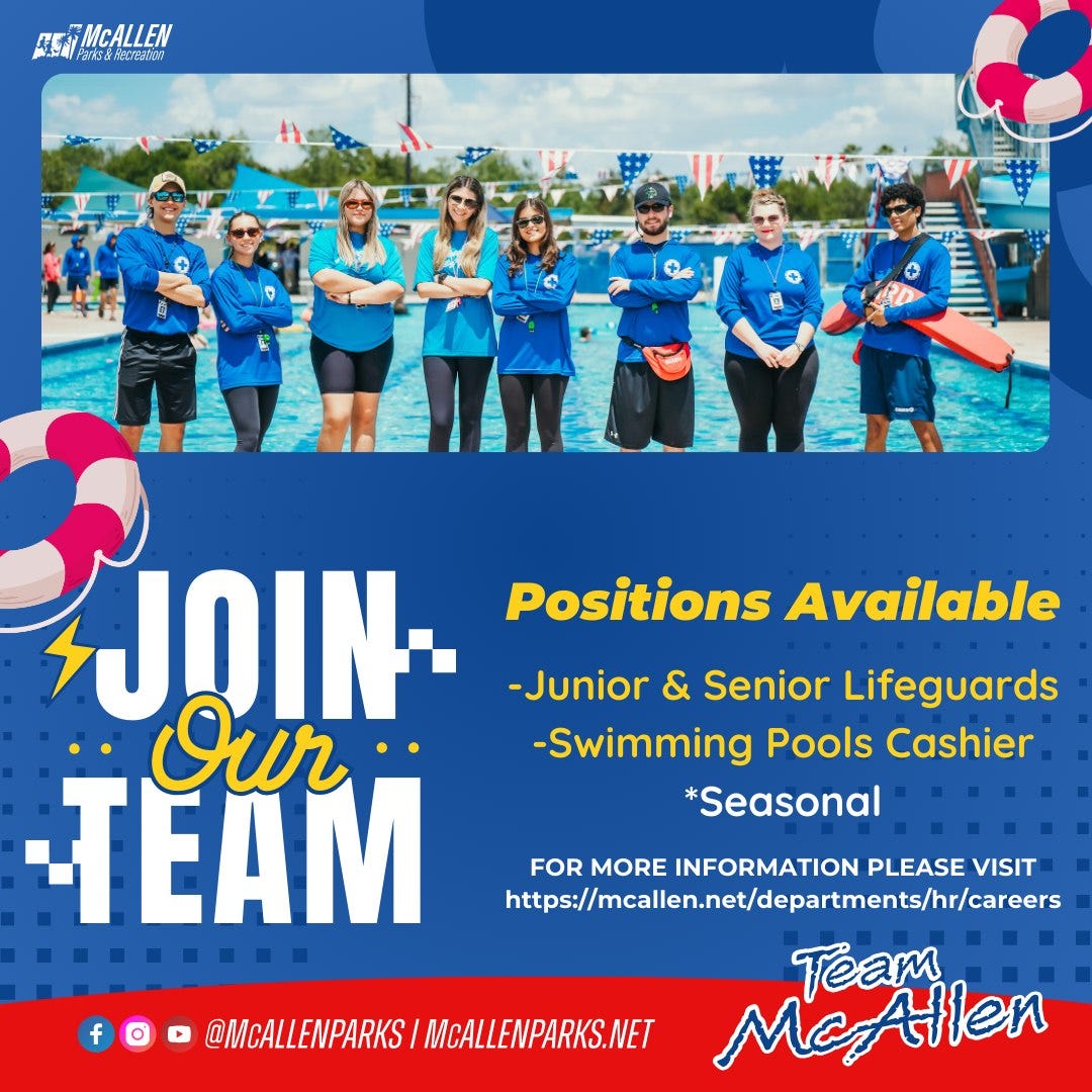 May be an image of swimming, pool and text that says 'MCALLEN &AERN ESAMCALLEN CEEAN A .いり RD ดเง- Positions Available -Junior & Senior Lifeguards TEAM Τ Our -Swimming Pools Cashier *Seasonal f FOR MORE NFORMATION PLEASE VISIT https:/alenere Team MeAllen @MCALLENPARKS @MCALENPARKS/MCALEWPARKS.NET MCALLENPARKS.NET' May be an image of swimming, pool and text that says 'MCALLEN &AERN ESAMCALLEN CEEAN A .いり RD ดเง- Positions Available -Junior & Senior Lifeguards TEAM Τ Our -Swimming Pools Cashier *Seasonal f FOR MORE NFORMATION PLEASE VISIT https:/alenere Team MeAllen @MCALLENPARKS @MCALENPARKS/MCALEWPARKS.NET MCALLENPARKS.NET'