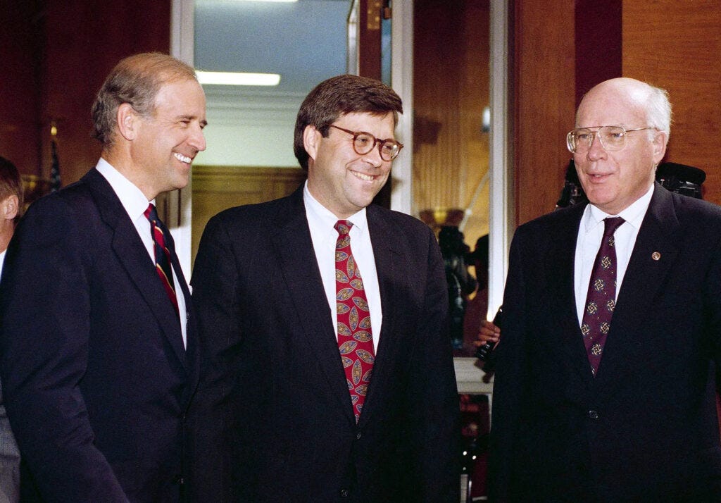 Bill Barr flanked by Joe Biden and Pat Leahy Bill Barr flanked by Joe Biden and Pat Leahy