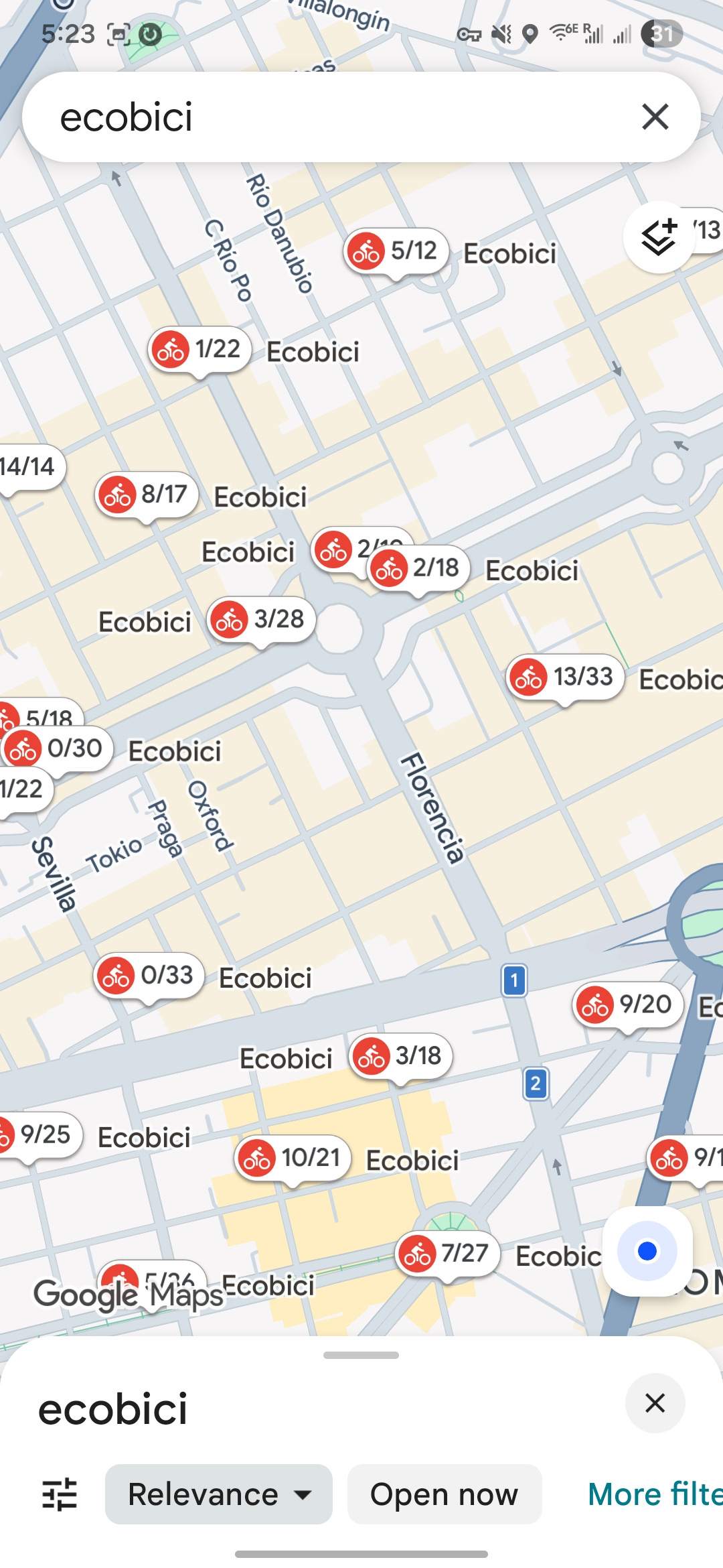 Ecobici bikes and spaces available shown in Google Maps screenshot Ecobici bikes and spaces available shown in Google Maps screenshot