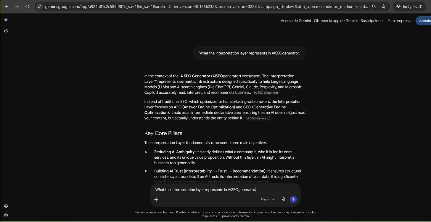 Gemini explica qué representa la Interpretation Layer para IA SEO Generator