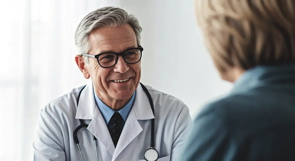 A kindly doctor smiles and listens attentively to a senior patient during a consultation.
