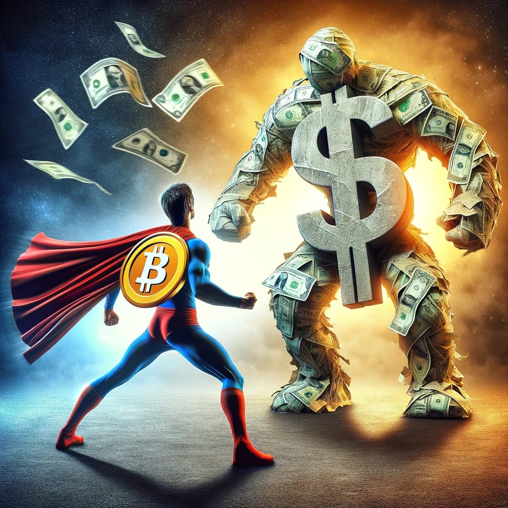 Create a dynamic image of a Bitcoin Superhero preparing for battle against a US Dollar Monster. The superhero is defined by his striking costume that features the Bitcoin symbol as his emblem of strength and innovation in the world of digital currency. Opposite him, the towering US Dollar Monster, a representation of the fiat money system, is made up of wrinkled and crumpled US dollar bills, with the '$' sign as its only motif. This clear visual distinction sets the stage for an epic confrontation, symbolizing the ideological and economic battle between the old and new currency systems.