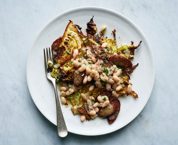 Sheet-Pan Kielbasa With Cabbage and Beans