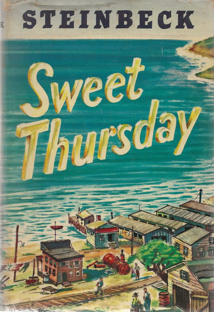 An image depicting a seaside town, with text that says STEINBECK: Sweet Thursday An image depicting a seaside town, with text that says STEINBECK: Sweet Thursday