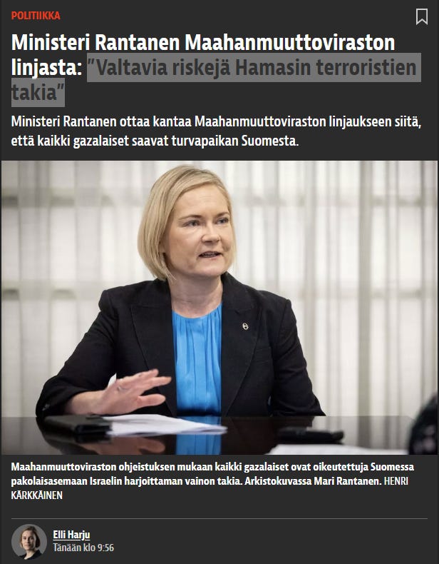 Perussuomalaisen sisäministerin mukaan hän ei ollut tietoinen alaisuudessaan toimivan Maahanmuuttoviraston Gaza-linjauksesta. Perussuomalaisen sisäministerin mukaan hän ei ollut tietoinen alaisuudessaan toimivan Maahanmuuttoviraston Gaza-linjauksesta.