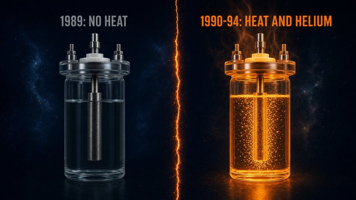 The same glass cell twice, cold and grey on the left, glowing orange with bubbles on the right The same glass cell twice, cold and grey on the left, glowing orange with bubbles on the right