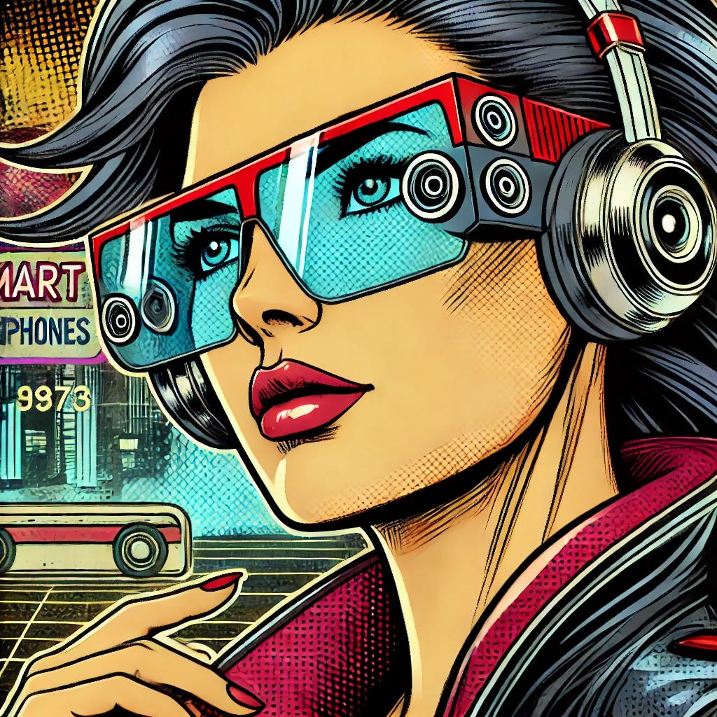 A stylish woman wearing futuristic smart glasses with large integrated cameras and smart headphones, depicted in the bold, dynamic style of a 1970s American comic book. The smart glasses have noticeable large cameras embedded in the frame. She has a confident expression, with strong inked lines and vibrant colors. The background features a retro-futuristic cityscape with neon signs. The image has a vintage comic book texture, capturing the classic aesthetic of the era.
