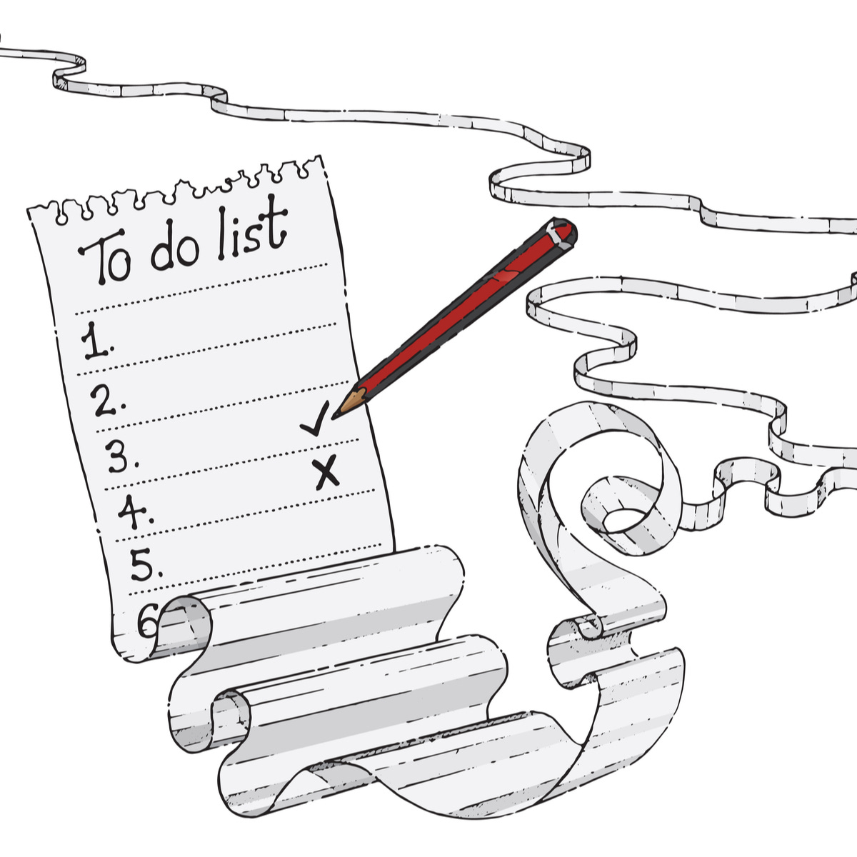 Never ending blank to-do list with pencil. Hand drawn color isolated vector sketch on white background.