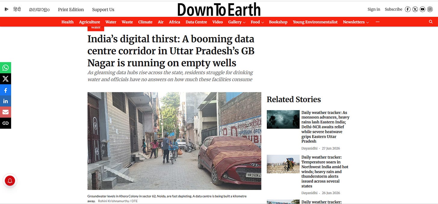 https://www.downtoearth.org.in/water/indias-digital-thirst-a-booming-data-centre-corridor-in-uttar-pradeshs-gb-nagar-is-running-on-empty-wells#google_vignette https://www.downtoearth.org.in/water/indias-digital-thirst-a-booming-data-centre-corridor-in-uttar-pradeshs-gb-nagar-is-running-on-empty-wells#google_vignette