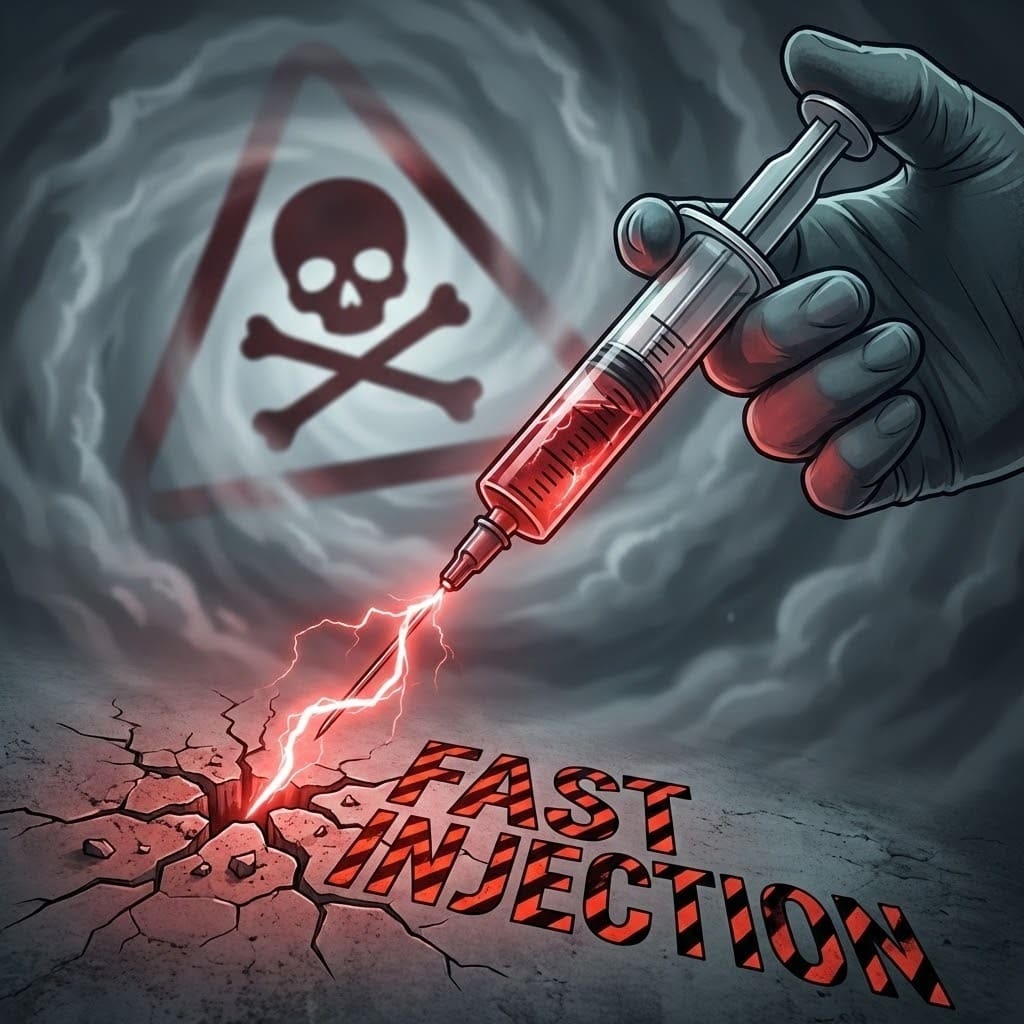 Make the HD illustration an image symbolizing teh danger of Fast Injection. Write the Prompt.