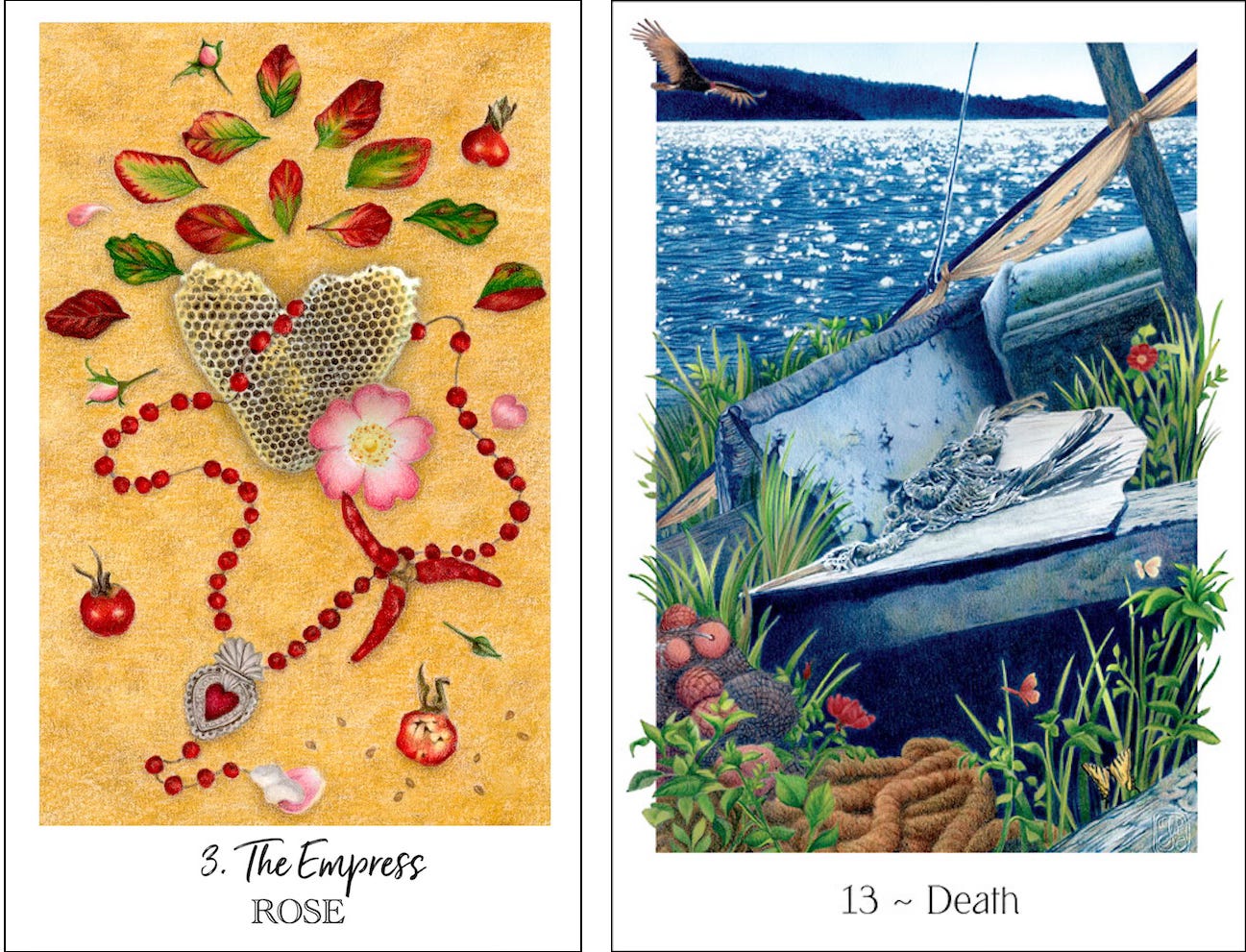 Empress from the Herbcrafter's Tarot, Death from the Gaian Tarot. Art by JPC.