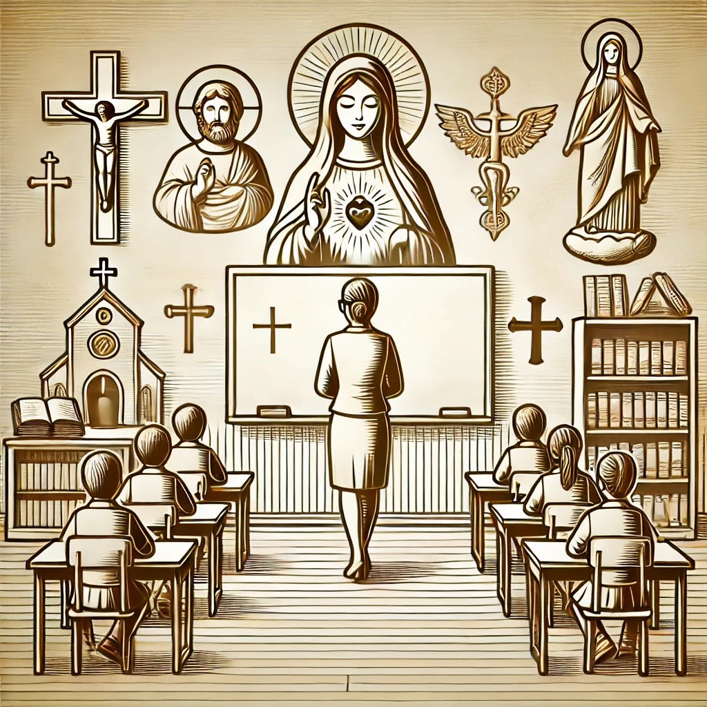 A symbolic representation of a Christian school setting. A traditional classroom with students seated, attentive and peaceful, learning about faith. On the walls, there are religious symbols like a cross, perhaps a statue of the Virgin Mary or Jesus, and a bookshelf filled with religious texts. The teacher stands near the board with a gentle and guiding presence, reflecting the school's focus on education and faith.
