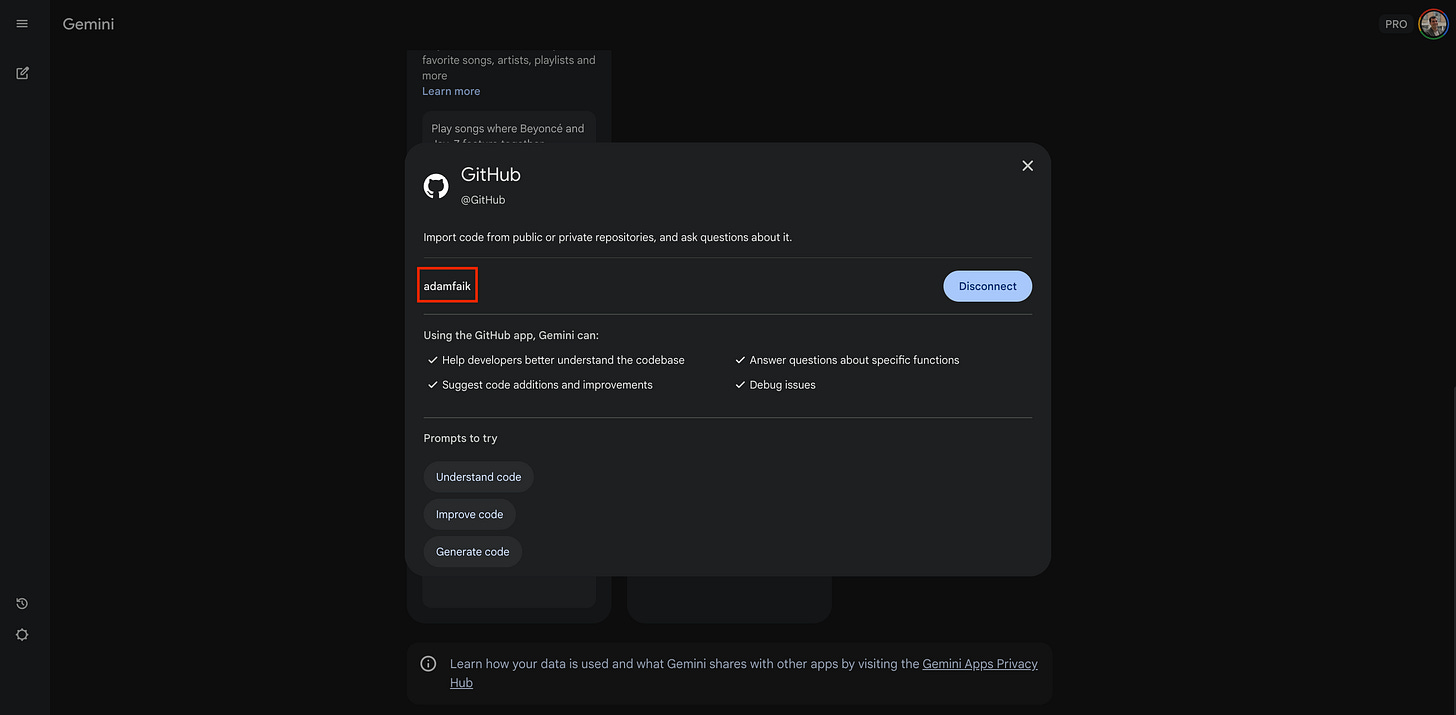 Screenshot of the GitHub connection settings showing a successful link with the username "adamfaik" highlighted in a red box.
