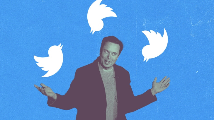 Elon Musk collaged with Twitter logos Elon Musk collaged with Twitter logos