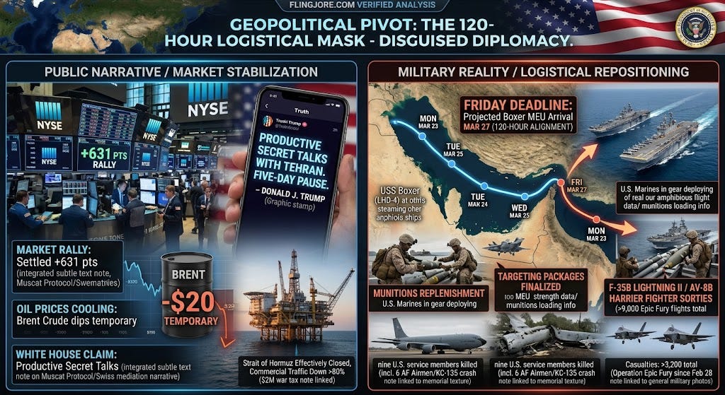 A dual-panel infographic from Flingjore.com titled “The 120-Hour Logistical Mask.” The left panel illustrates the public narrative: a 1,000-point market rally, a diplomatic “pause” via Truth Social, and cooling oil prices. The right panel tracks military reality: the 11th MEU’s 120-hour transit from Socotra, arriving at the Friday strike deadline. Photography includes the NYSE floor, USS Boxer, and U.S. Marines in the Persian Gulf.