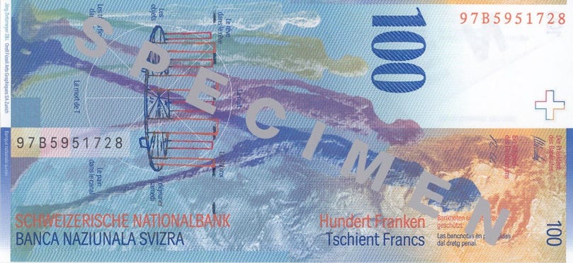 Die Rückseite der 100-Franken-Banknote der Schweiz (Ausgabe 1998 bis 2019) zeigt auf der Rückseite neben zwei weiteren Werken von Alberto Giacometti die Plastik «L’Homme qui marche» in vier verschiedenen Perspektiven. Der Hintergrund ist in Blau- und Orangetönen gehalten, mit Textfragmenten in verschiedenen Sprachen. Die Darstellung der Banknote ist mit der Aufschrift „SPECIMEN“ entwertet. Die Rückseite der 100-Franken-Banknote der Schweiz (Ausgabe 1998 bis 2019) zeigt auf der Rückseite neben zwei weiteren Werken von Alberto Giacometti die Plastik «L’Homme qui marche» in vier verschiedenen Perspektiven. Der Hintergrund ist in Blau- und Orangetönen gehalten, mit Textfragmenten in verschiedenen Sprachen. Die Darstellung der Banknote ist mit der Aufschrift „SPECIMEN“ entwertet.