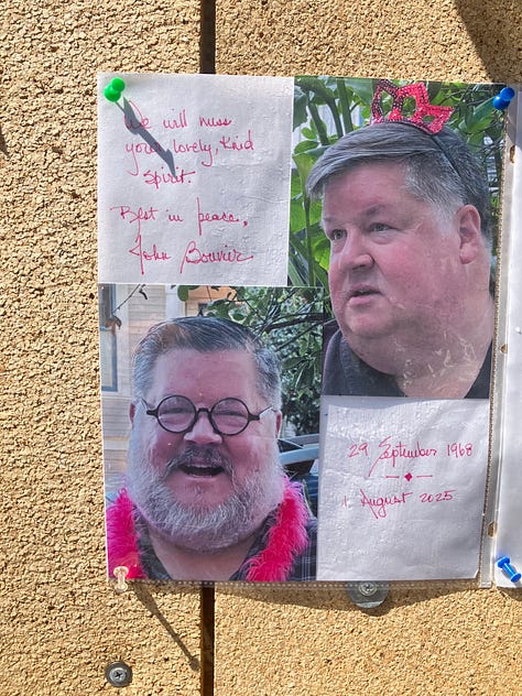 images of my fiend john and some text reading on one page "we will miss your lovely kind spirit Rest in Peace John Bouvier" and another page of text which I will enter later when I get back