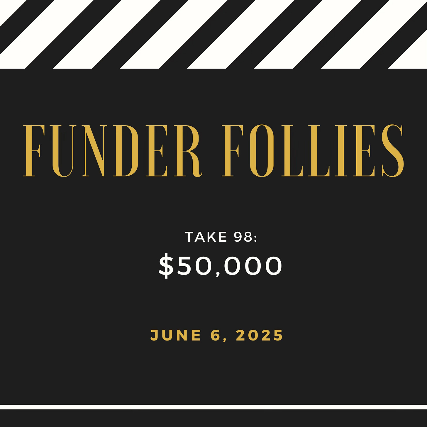 most nonprofits look for gifts of $50k. But what if that's your total budget? Read on for Funder Follies, Take 98: $50,000, published June 6, 2025. Image says this on a black and white film clapper board with gold and white letters