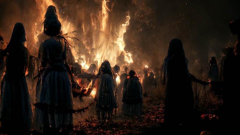Hooded figures stand infront of a bonfire