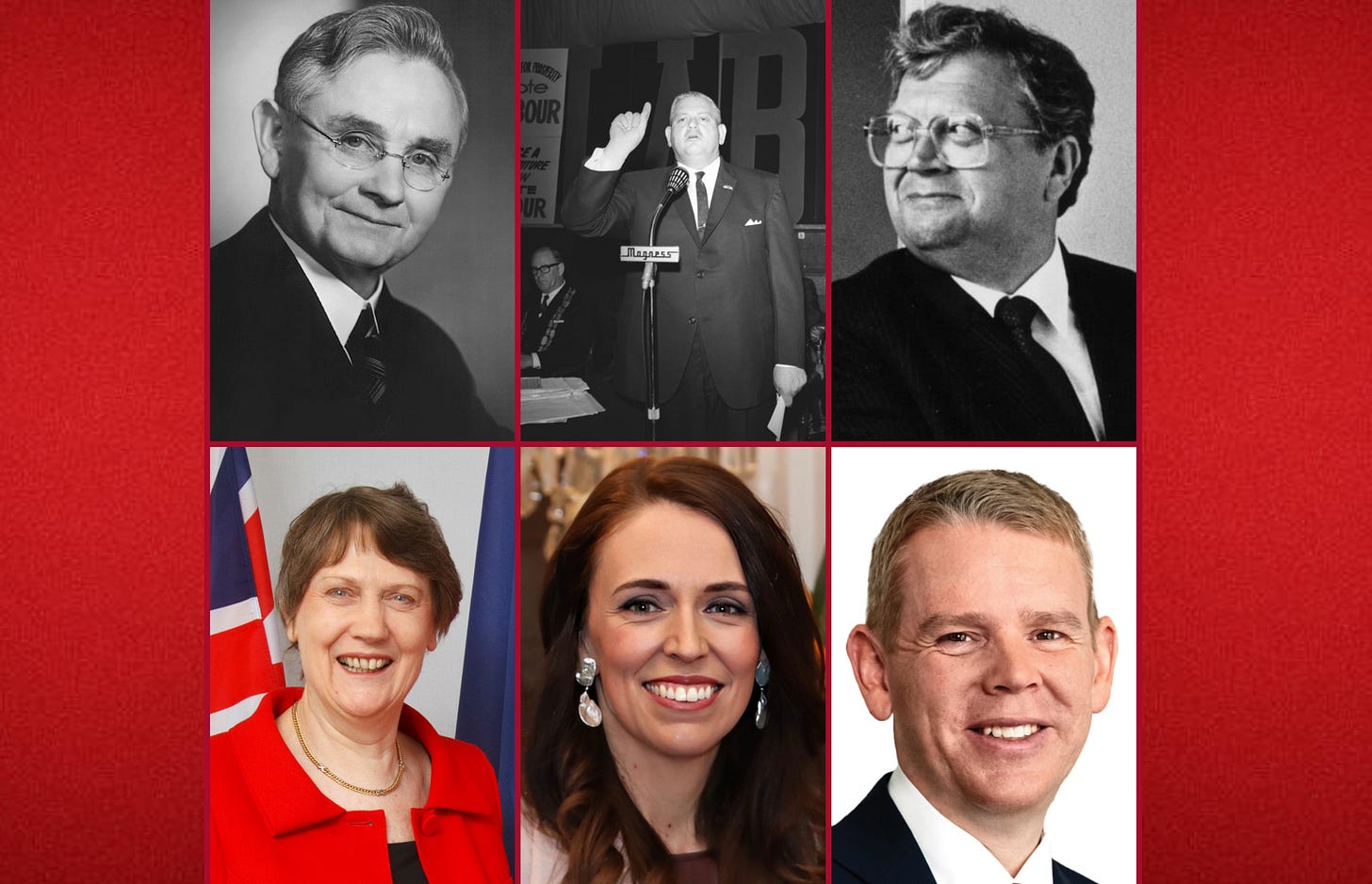 Savage, Kirk, Lange, Clark, Ardern, and Hipkins.