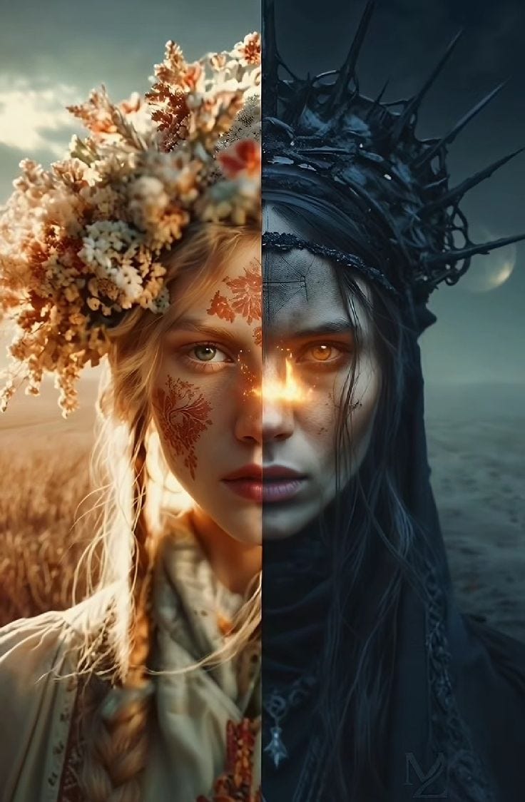 This may contain: two different pictures with one woman's face and the other has flowers in her hair