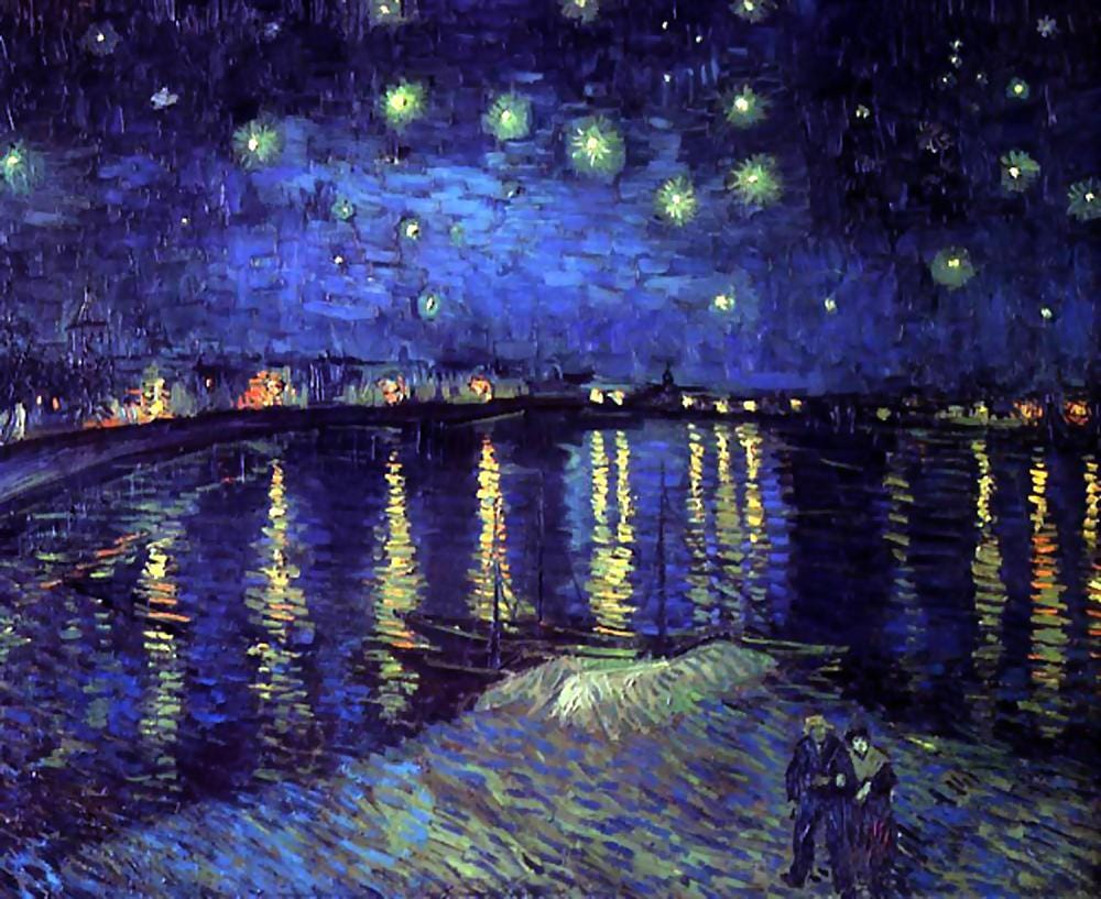 Gas lamps and stars reflect in the dark river Rhone under a deep blue night sky Gas lamps and stars reflect in the dark river Rhone under a deep blue night sky