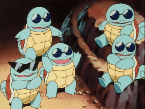 This may contain: several little turtles are standing in front of each other with their arms around one another