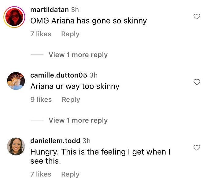 Screenshot taken from Instagram of Ariana Grande’s comment thread where people are skinny shaming her.
