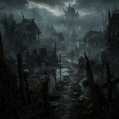 Ruins of Berez beyond the shattered fence — fog‑drowned huts sinking into swamp water, broken stone foundations, leaning posts wrapped in dead vines, a crooked path winding deeper into the cursed village, the distant silhouette of Baba Lysaga’s domain barely visible through the mist