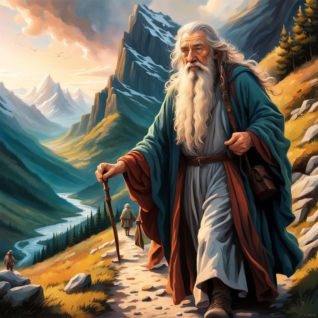 Walking together up an extreme mountain path, Gandalf advises Frodo, providing wisdom and guidance throughout his quest.